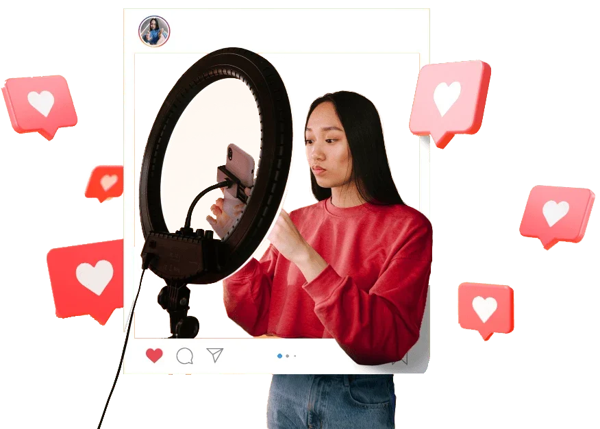 Woman creating Instagram content with ring light, showcasing GroXDigital’s expert Instagram marketing services to boost engagement and business growth.